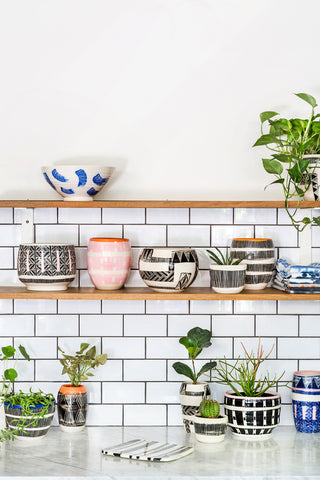 Trade the mark vessels sitting on shelves in kitchen