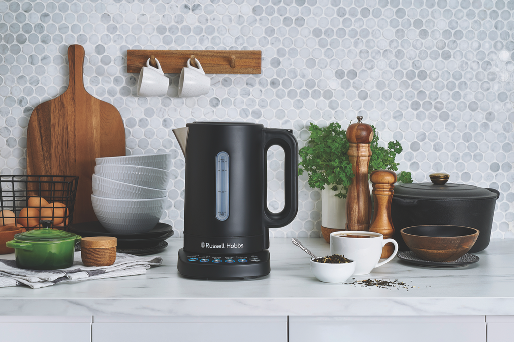 A Russell Hobbs Addison Kettle in matte black on a grey kitchen bench