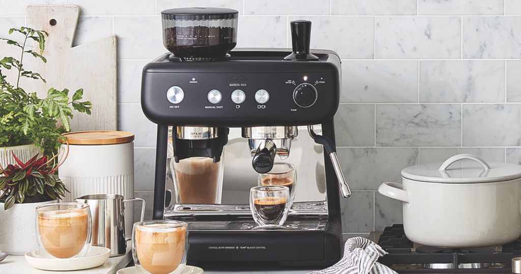 sunbeam barista max espresso machine in black on a benchtop