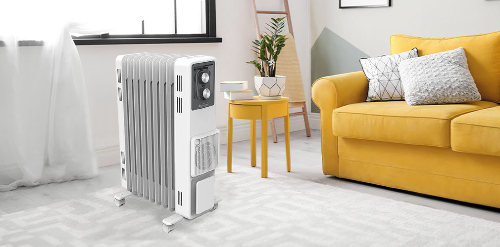 column heater in a room with a yellow couch and a yellow sidetable