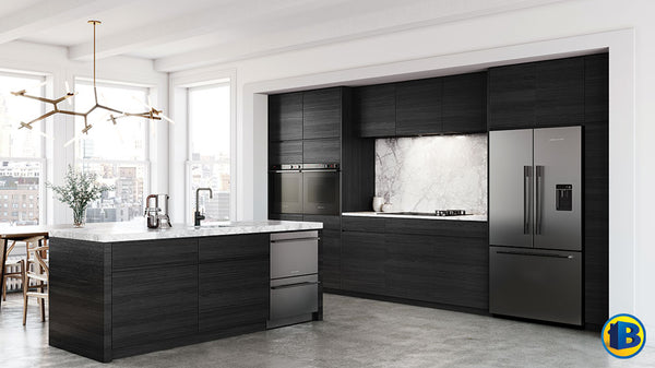 dishdrawers installed in a dark modern kitchen with a very trendry lighting fixture in what appears to be a new york neighbourhood with dark cabinets