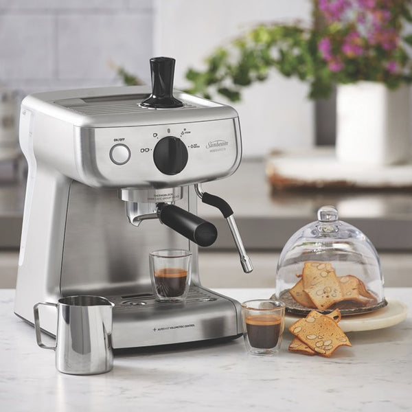 sunbeam barista mini espresso machine on a benchtop with a tiny espresso coffee
