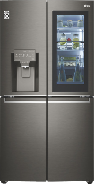 LG GF-V706BSL French Door Fridge with InstaView (Black Stainless finish) front view window lit up