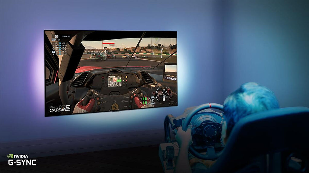 Image of someone playing a car racing game on an LG OLED TV