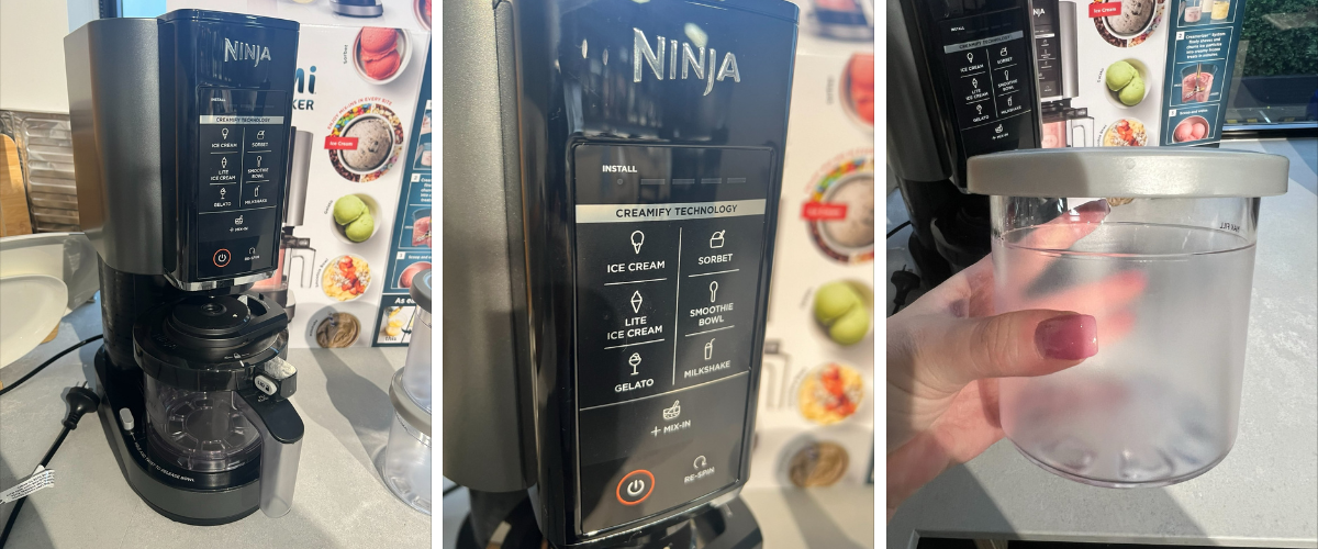 image showing collage of the Ninja Creami on a benchtop, a close up of the Ninja Creami control panel and a close up of a hand holding the plastic tub that comes with the Ninja Creami