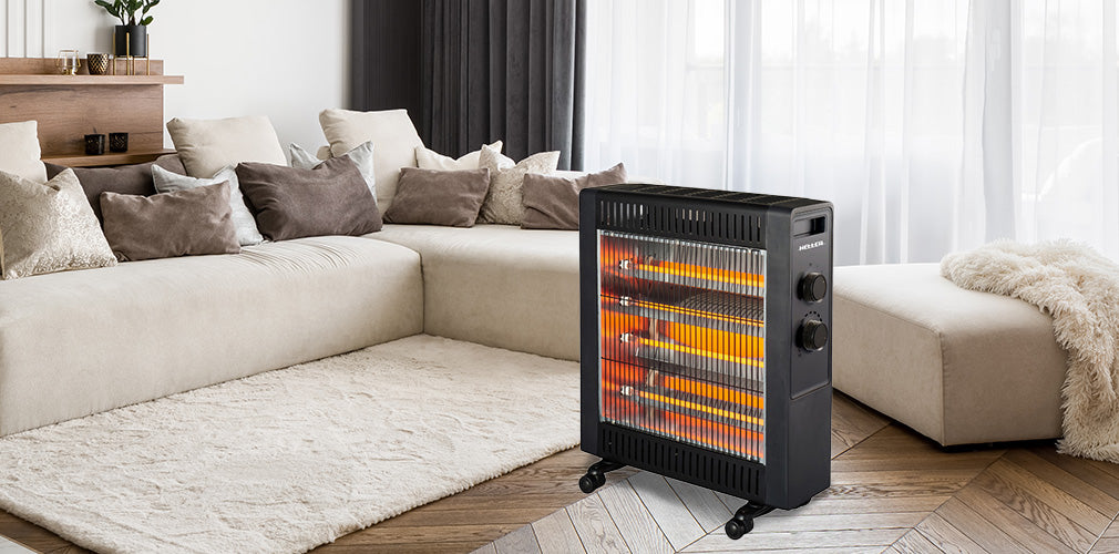 radiant heater on the floor with a beige couch and a beige rug