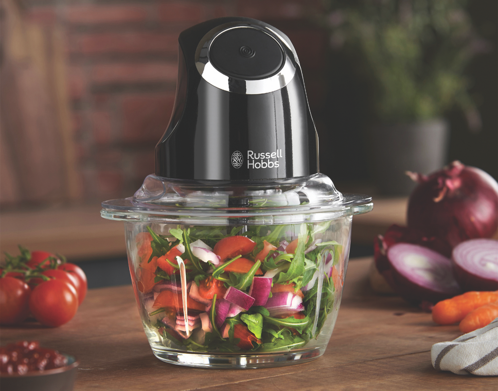 russell hobbs mini chopper up close with vegetables inside