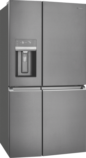 Westinghouse WQE6870BA 609L French Door Fridge (Dark Stainless finish) front angle view, doors closed