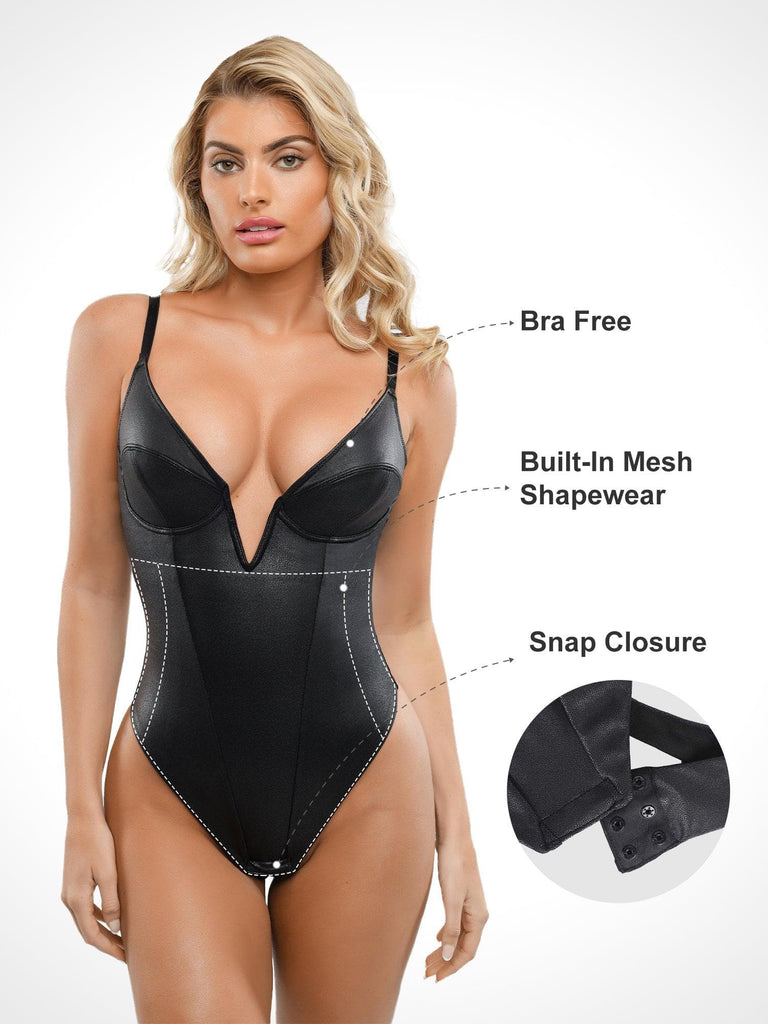 Long Sleeve Faux Leather V-Neck Thong Bodysuit