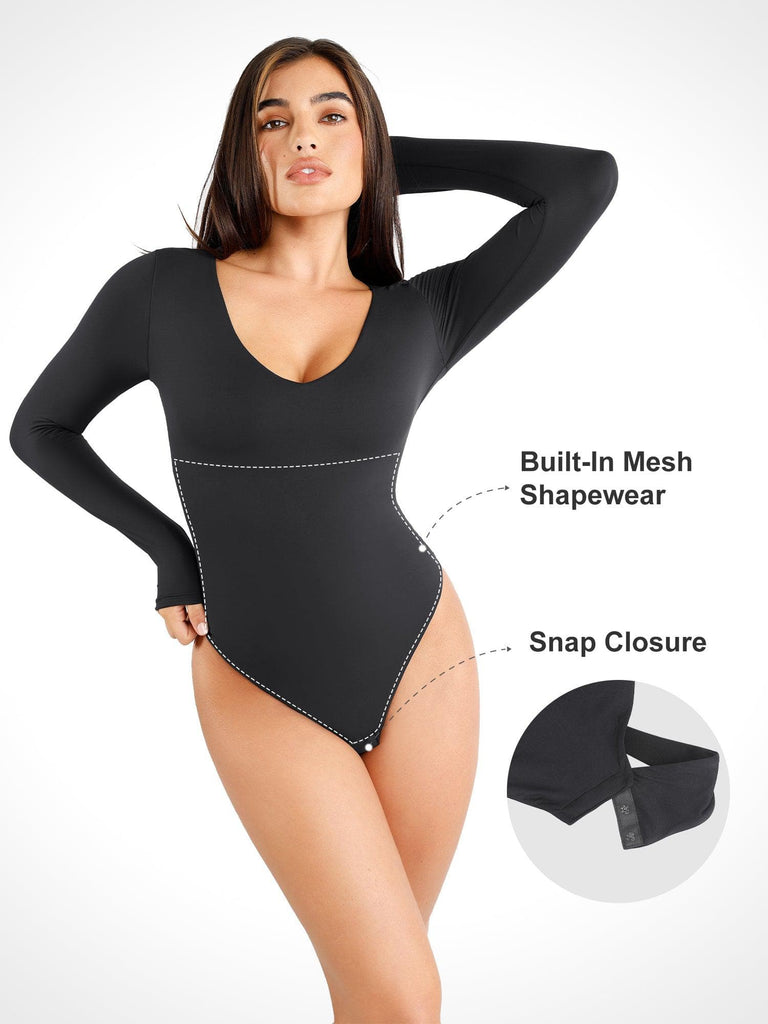 Bodysuit for Women Crew Long Sleeve Seamless Thong Body Shaper