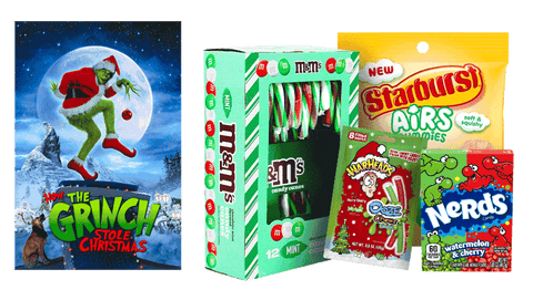 the grinch-movie night snacks-peppermint bark-candy cane-starburst-nerd candy