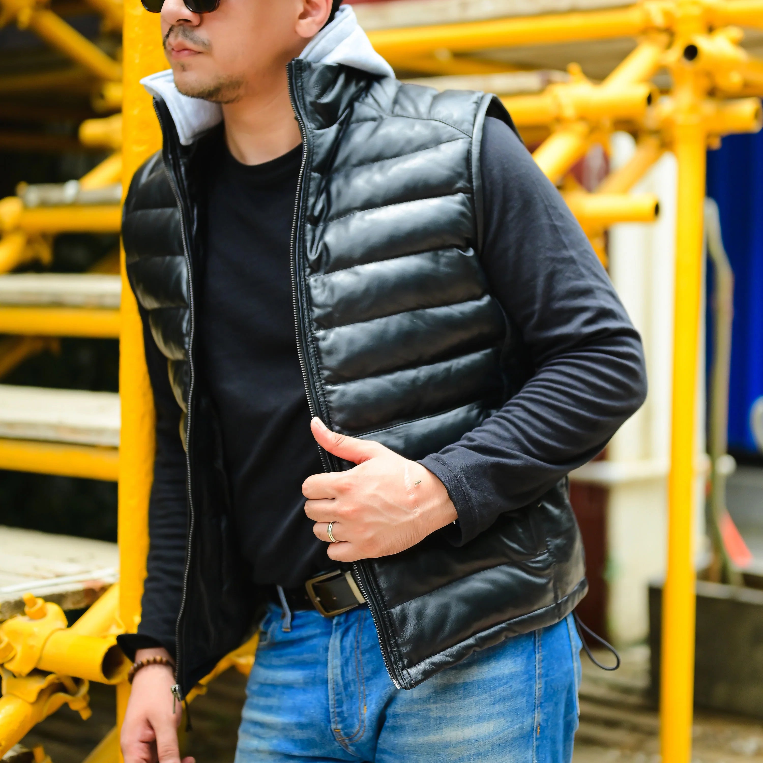 Men's puffer leather jacket with quilted design for warm winter wear
