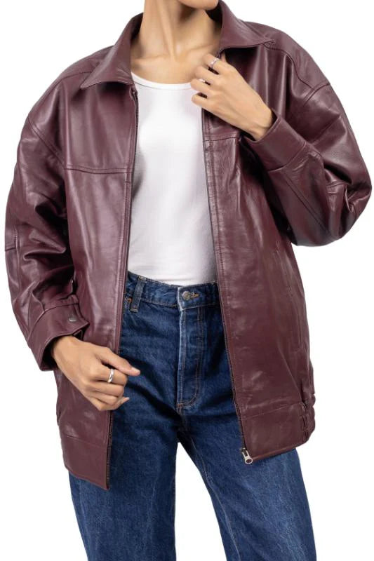 Women’s Oversized Burgundy Leather Jacket