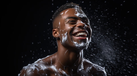 black man in the bathroom with soap lader on this skin to demonstrate how to exfoliate your face the right way