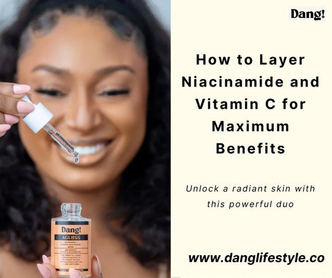 Model holding a bottle of niacinanide serum to explain how to layer niacinamide and vitamin C