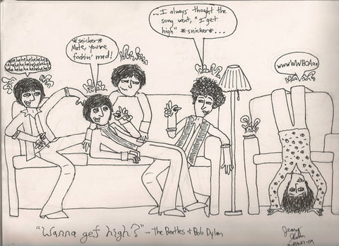 sketch of the beatles band smoking weed with bob dylan