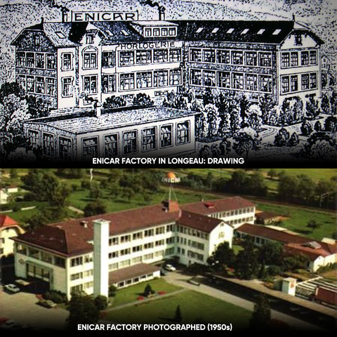 Old sketch and photo of Enicar factory