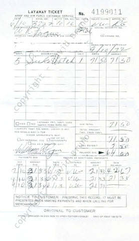 Original Receipt of the Seiko 6139 purchased by William Pogue