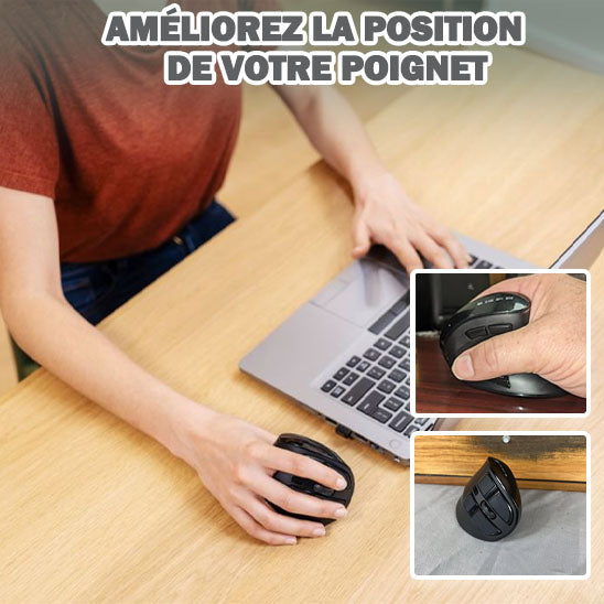 Souris ergonomique verticale noire posée sur un bureau – design moderne pour soulager le poignet