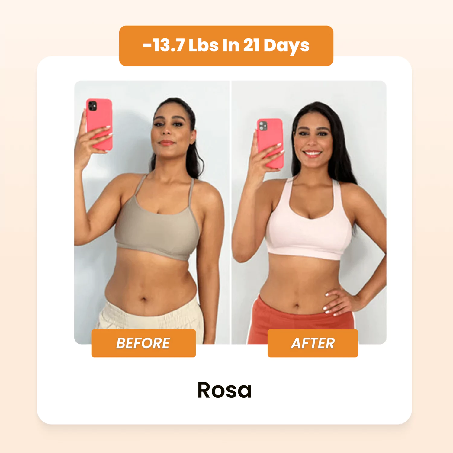 Woman's before and after weight loss comparison, holding phone for selfie.