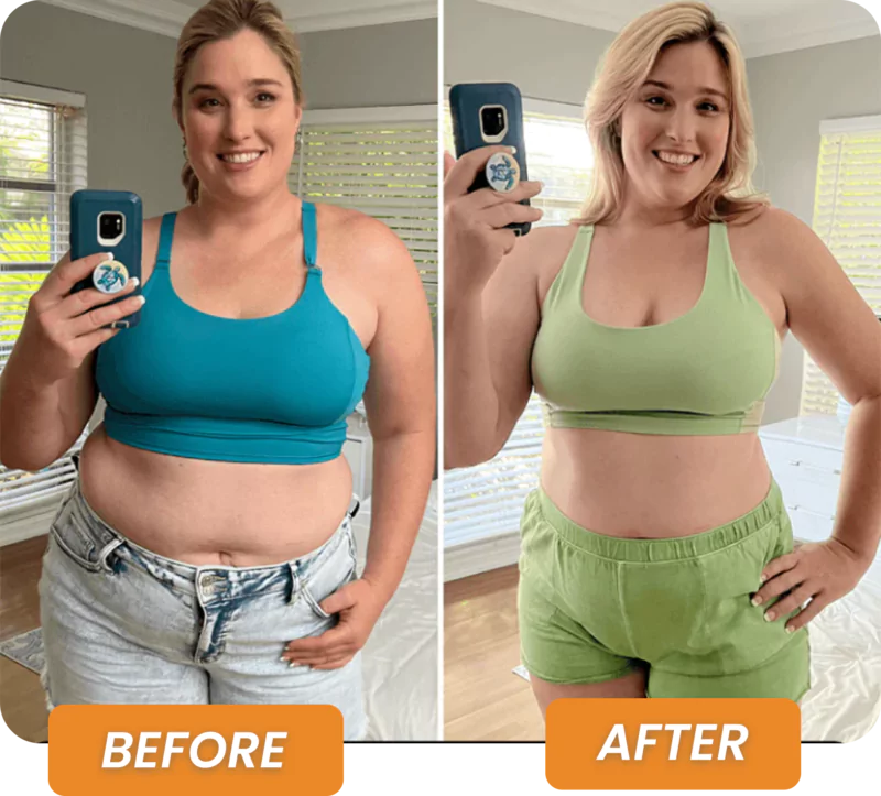 Woman's before and after weight loss comparison, taking a selfie.