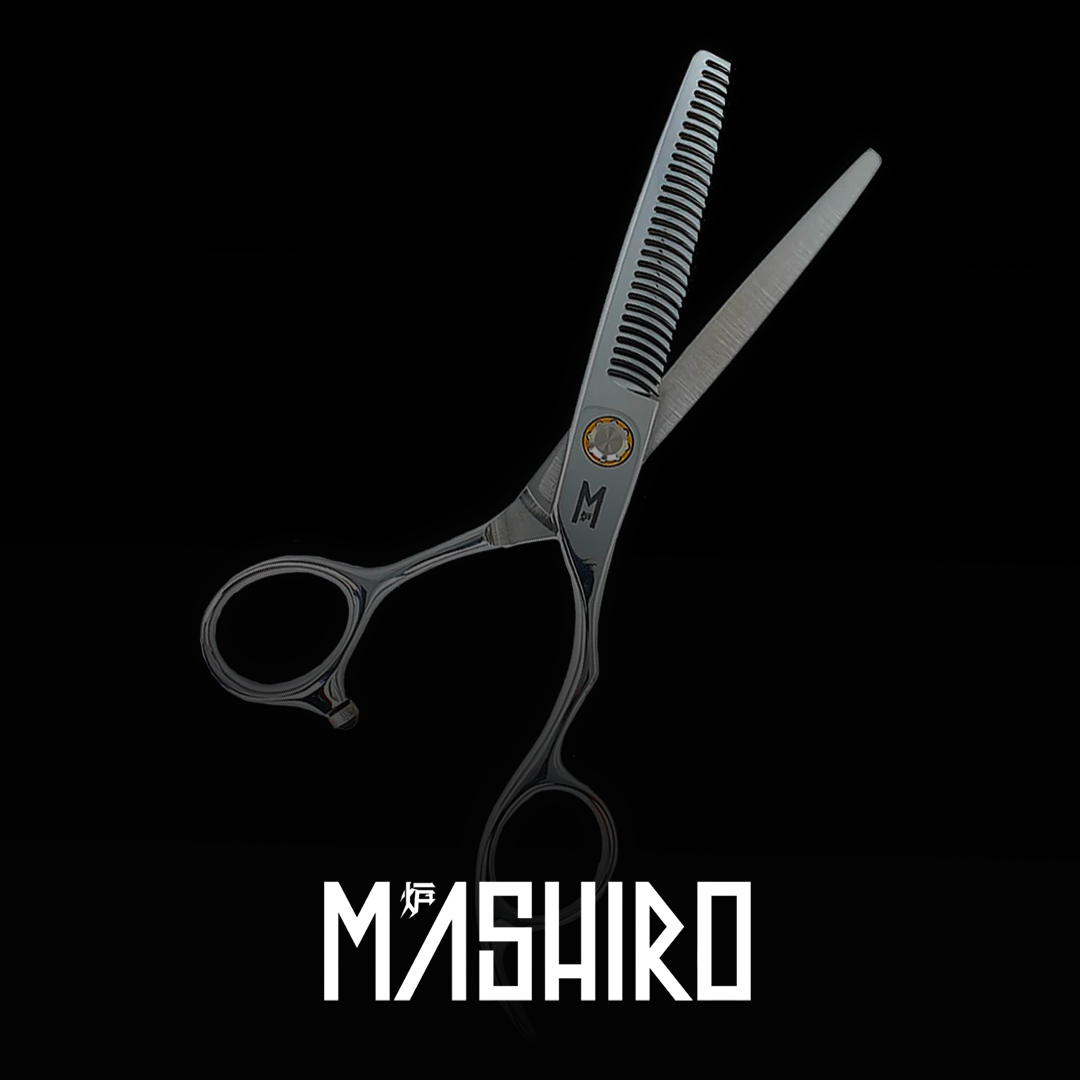 Professional hair thinning scissors on a black background.