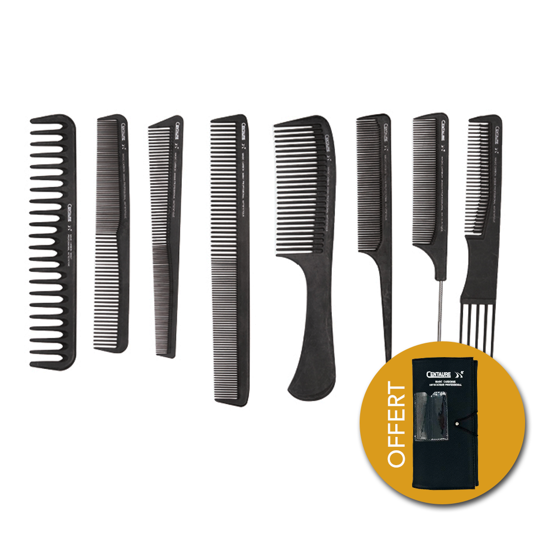 A collection of black hair combs of various sizes and shapes displayed against a white background.