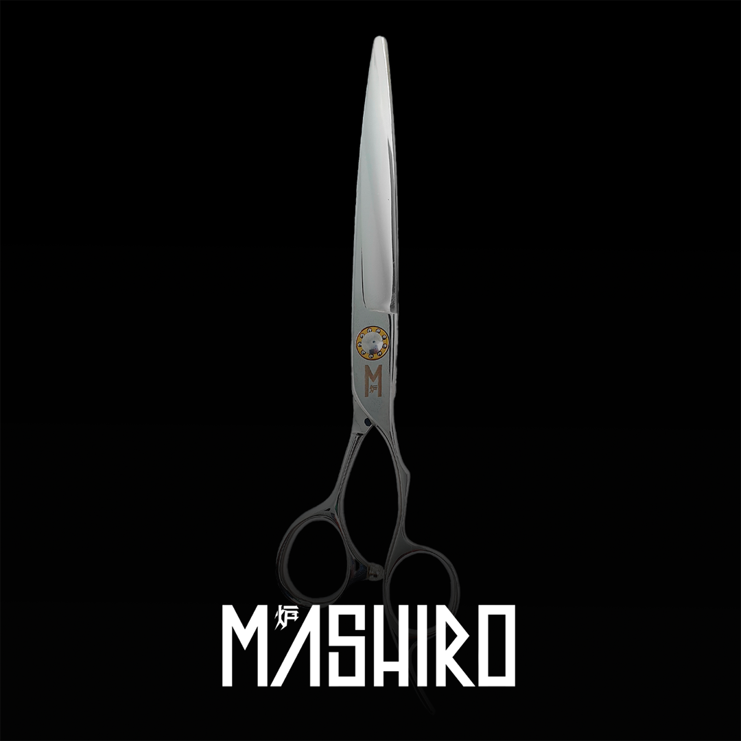 A pair of professional hairdressing scissors with a branded logo on a dark background.