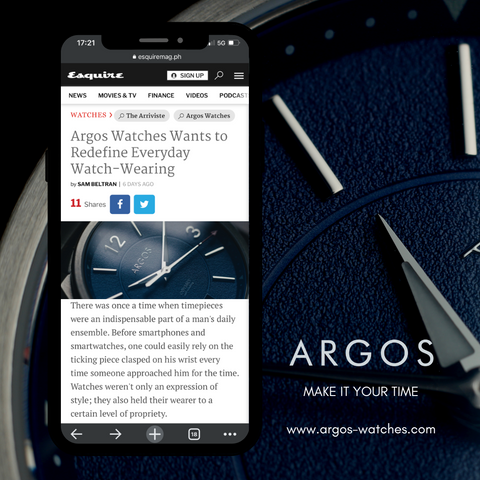  The photo shows a mockup of a smart phone containing a preview of Argos Watches' feature on Esquire Philippines