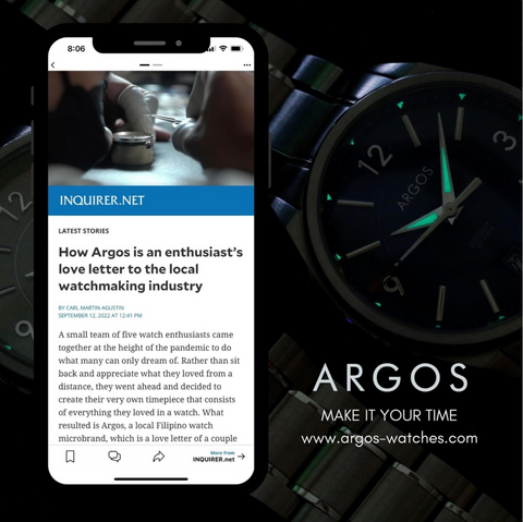 The photo shows a mockup of a smart phone containing a preview of Argos Watches' feature on Inquirer Lifestyle