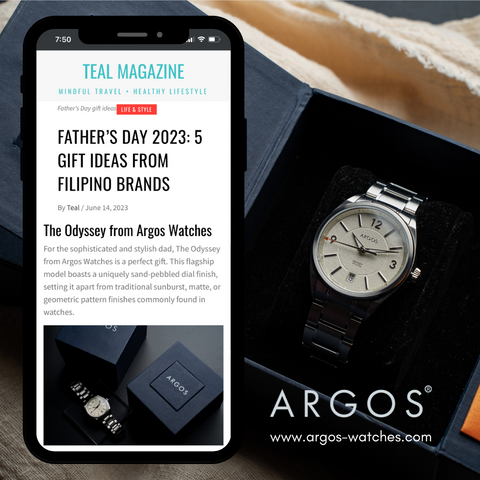 The photo shows a mockup of a smart phone containing a preview of Argos Watches' feature on Teal Magazine