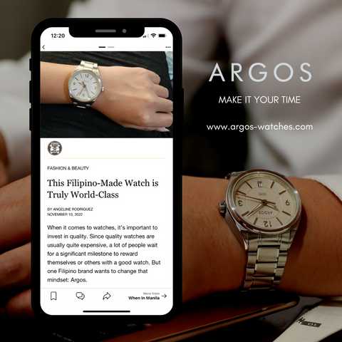 The photo shows a mockup of a smart phone containing a preview of Argos Watches' feature on When in Manila