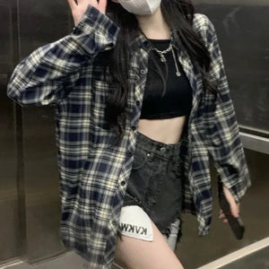 Yidouxian Women Plaid Shirt Korean Casual Harajuku Y2K All Match Loose Blouse Summer Fashion Hot Sweet Long Sleeve Ladies Top - yidouxian