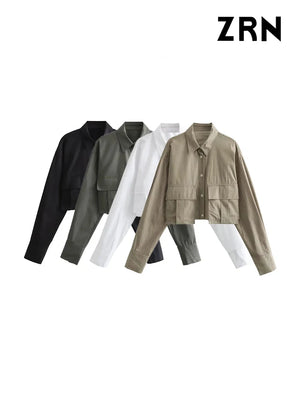 Yidouxian Sleeve Cropped Blouses With Pockets For Women, Front Button, Chic Tops, Female Fashion - yidouxian