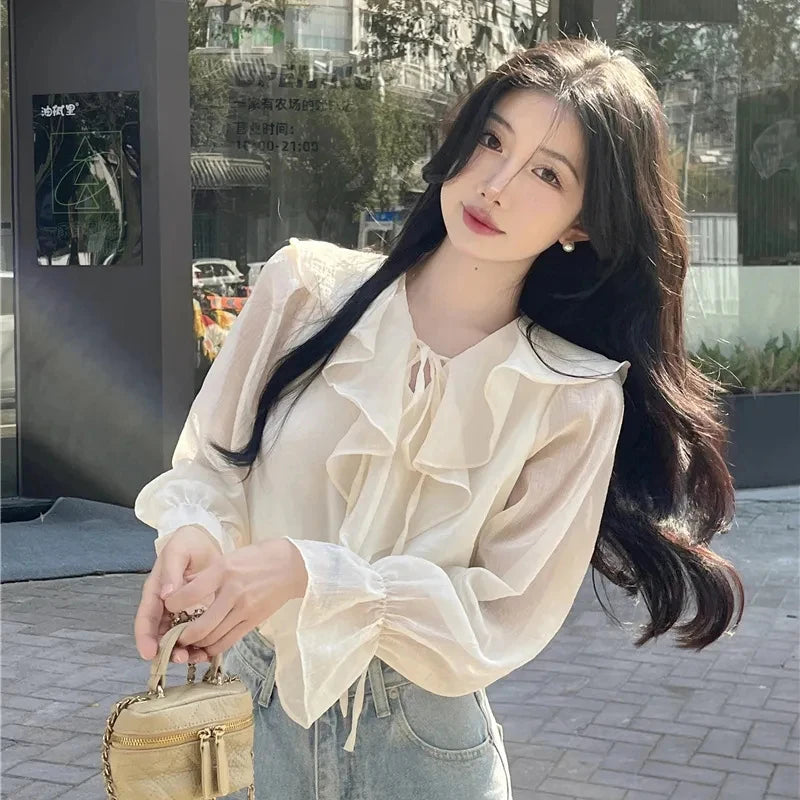 Yidouxian Women Solid Shirt Korean Office Ladies Half Open Collar Pullover Blouse Summer Loose Sweet All Match Chic Female Tops New