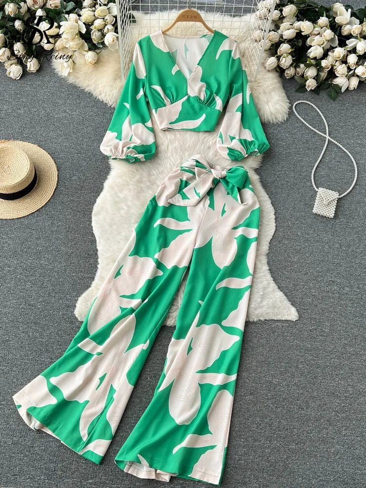 Yidouxian Fashion Autumn Print Sets Female Puff Sleeve Short V Neck Top+Wide Leg Long Pants Streetwear Women Two Pieces Suits