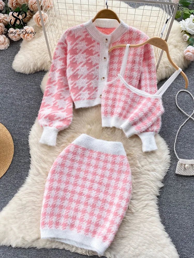 Yidouxian Fashion Plaid Knitted Three Pieces Suits Autumn Button Cardigan Top+Mini Camis+Elastic Short Skirt Women Sweater Sets