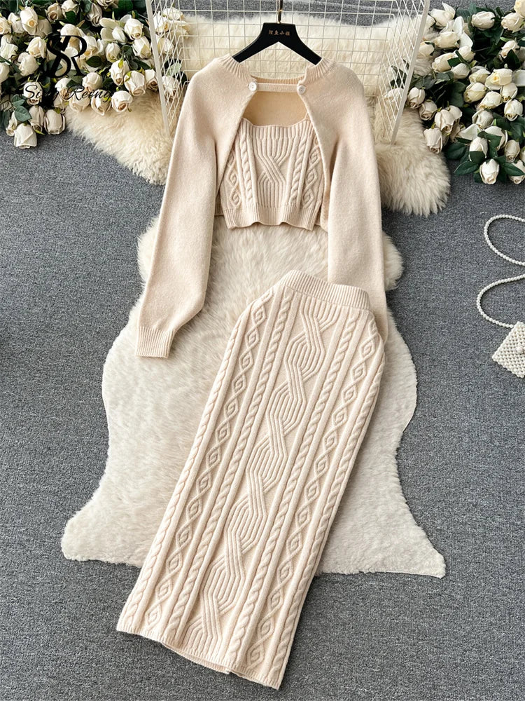 Yidouxian Autumn Skinny Knitted Three Pieces Suits Cardigan Long Sleeves Smock+Tank Tops+Bodycon Skirt Women Gentle Sweater Sets