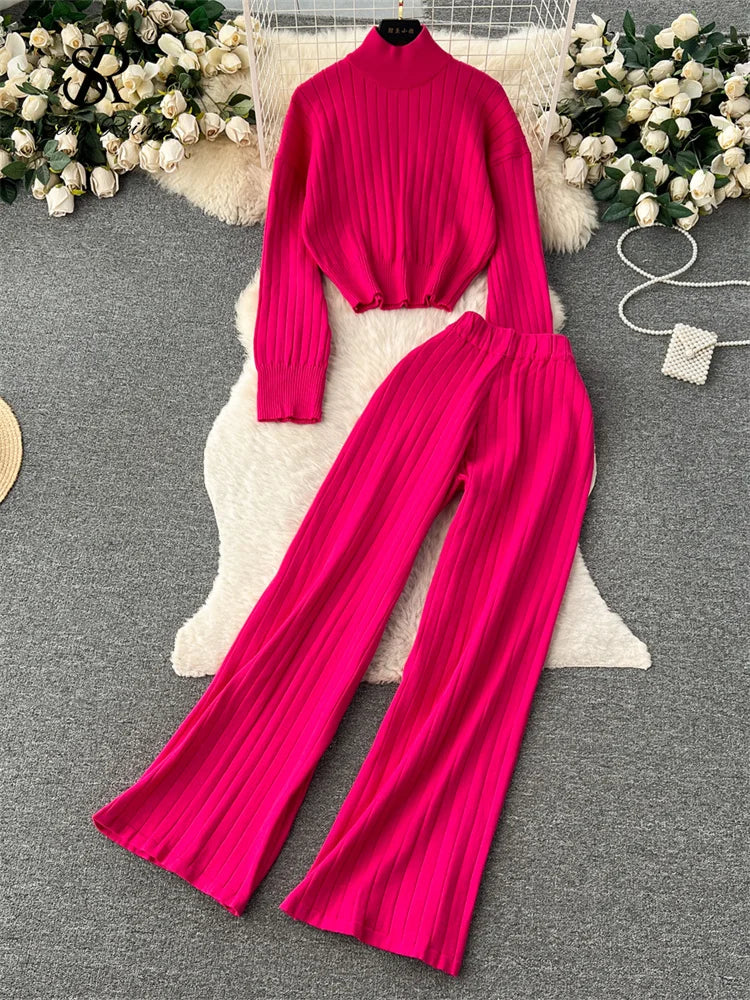 Yidouxian Winter Knit Two Pieces Suits Half High Collar Full Sleeve Pullover+Wide Legs Long Pants Women 2024 Senior Striped Sets