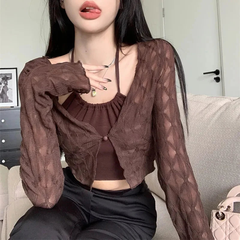 Yidouxian Shirt Women Solid Chic Slim Fit Sweet Lace Thin Blouse Korean Fashion All Match Long Sleeve Tops Ladies Summer New