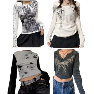 Yidouxian Women Gothic T-shirts Crop Tops Fall Winter y2k Clothes 2024 Fashion Classic Slim Long Sleeve Print Streetwear Tops - yidouxian