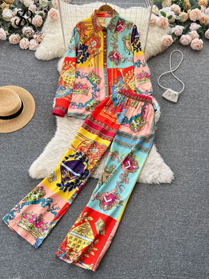 Yidouxian Winter Vintage Print Two Pieces Suits Lapel Long Sleeve Shirt Top+Wide Leg Casual Long Pant 2024 Female Fashion Sets - yidouxian