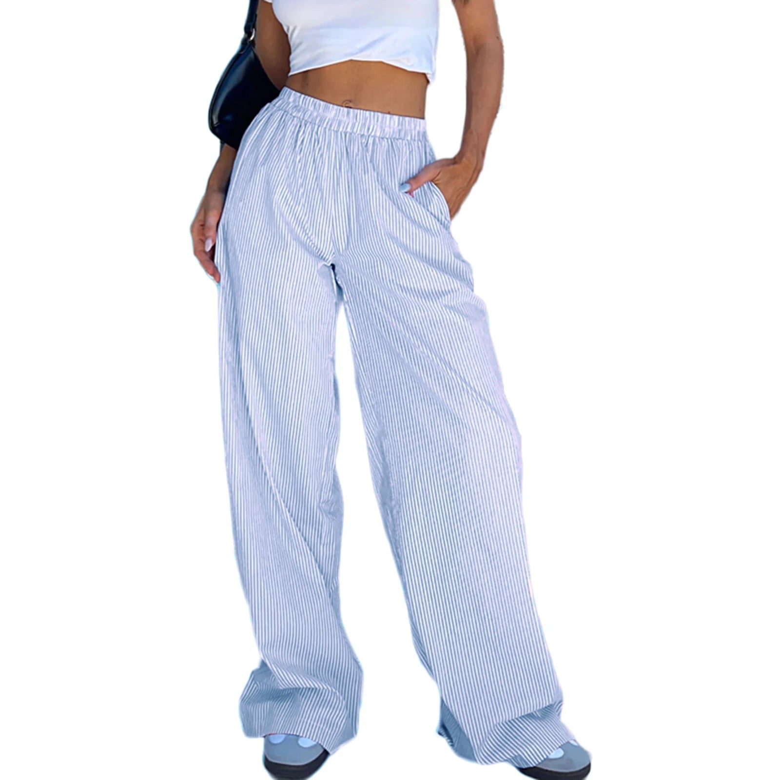 Yidouxian Women¡¯s Summer Striped Print cleanfit Loose Long Pants Casual Elastic High Waist Lounge Street Trousers with Pockets