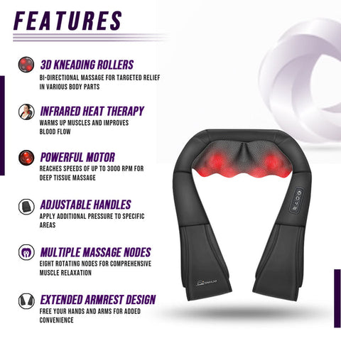 Eterus offers a fully portable and easy-to-use Shiatsu neck and back massager that functions with infrared heat therapy