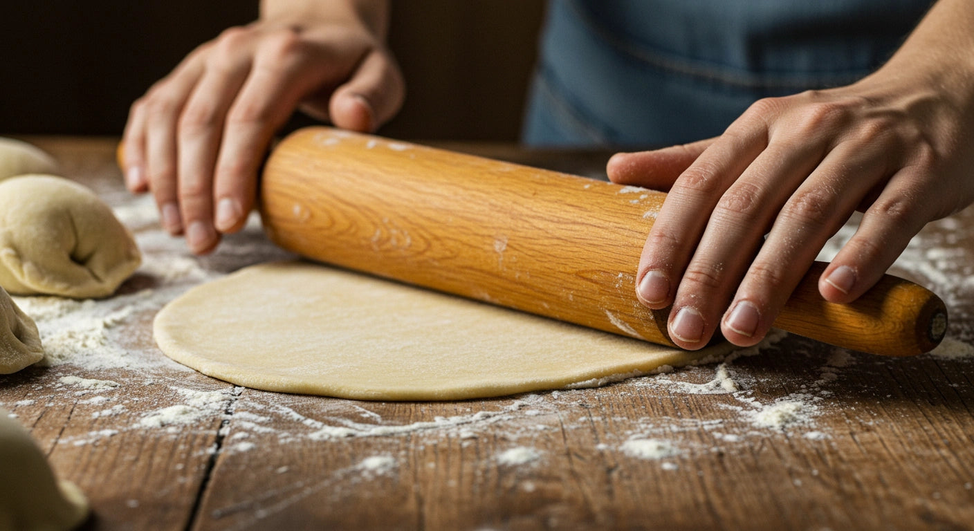 A close-up of homemade dumpling dough being rolled out on a wooden surface, with flour dusting the table