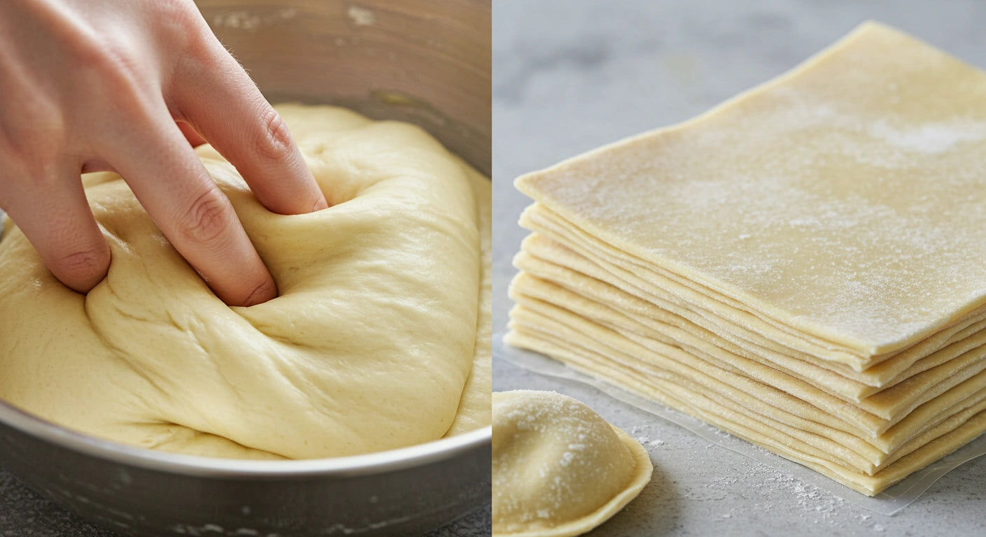 A split image showing fresh, soft homemade dumpling dough on one side and pre-made, frozen dumpling dough sheets on the other
