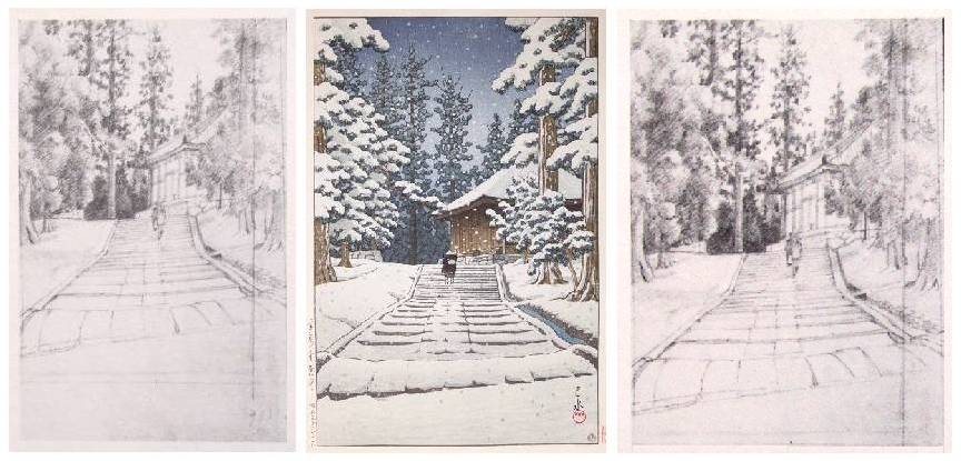 Kawase Hasui sketchbook “Konjikido in Snow, Hiraizumi” (1957)