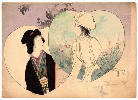 Very rare polychrome woodblock print made around 1900 as a kuchi-e (口絵) frontispiece by the artist Kaburagi Kiyokata