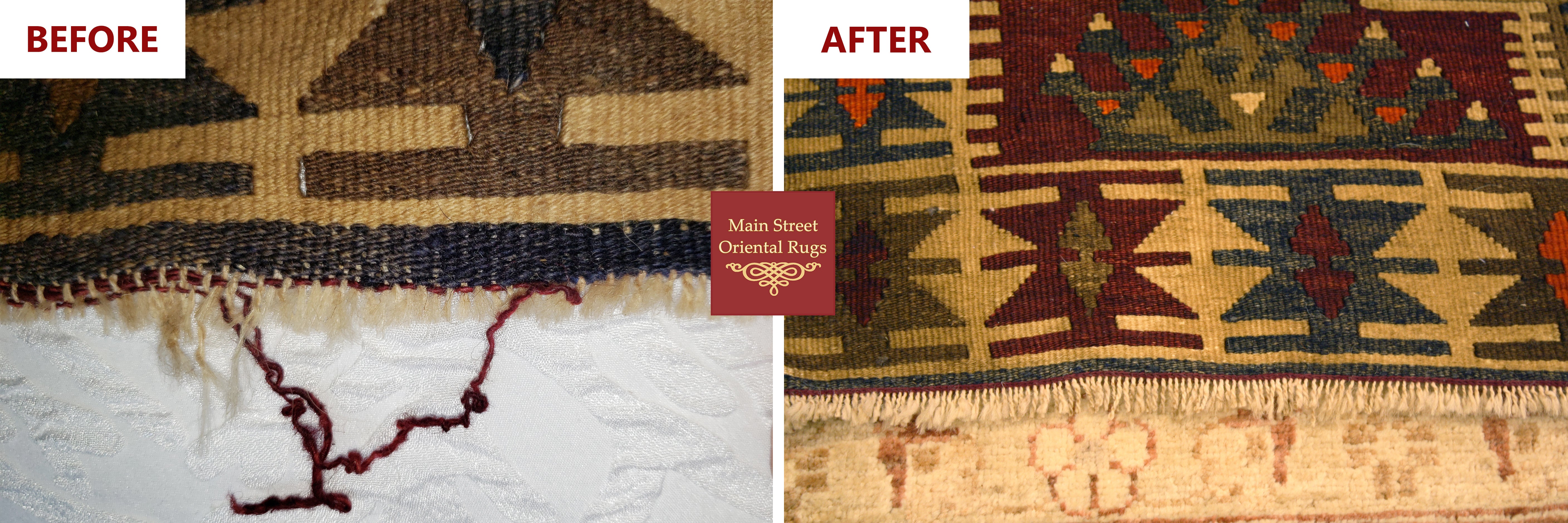 Kilim rug fringe repair before and after