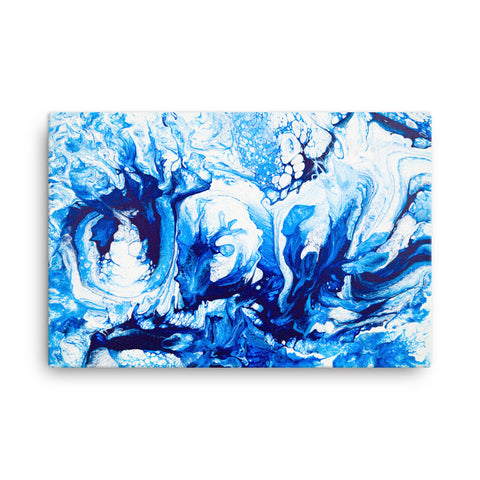 Abstract acrylic painting with blue & white hues on white backdrop